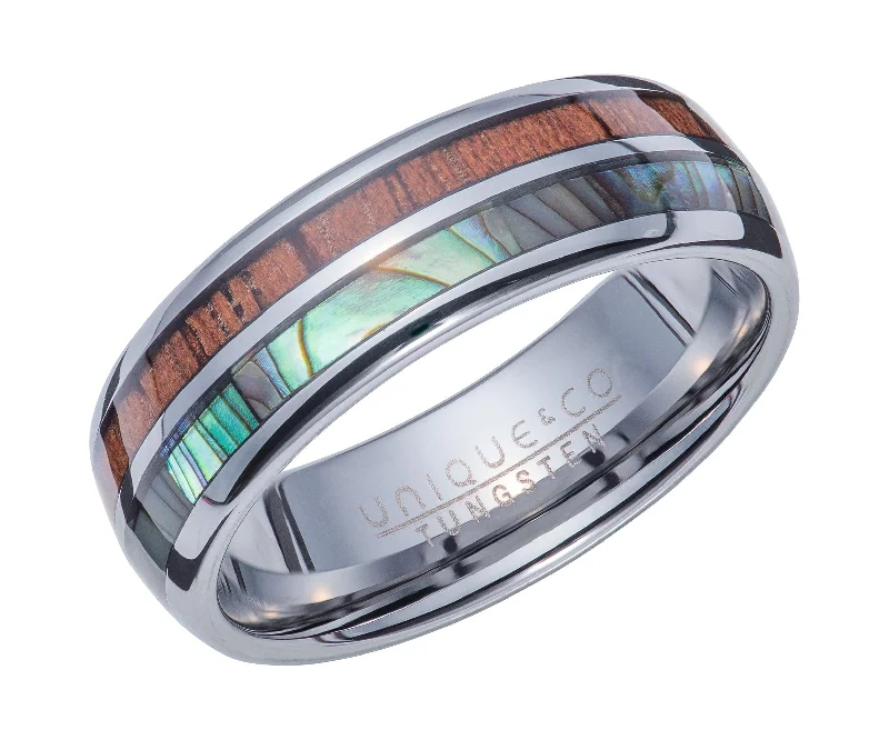 Glossy band rings-Unique & Co Tungsten Ring With Wood And Abalone Shell