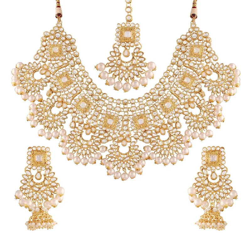 Glittering crystal necklaces-Etnico 18K Gold Plated Traditional Handcrafted Faux Kundan & Stone Studded Bridal Choker Necklace Jewellery Set For Women (IJ026W)