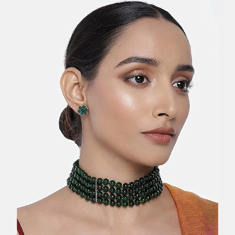 Reef knot necklaces-Etnico 18k Gold Plated Traditional Green Pearl Beaded Stylish Moti Choker Necklace Jewellery Set with Stud Earrings for women (ML286G)