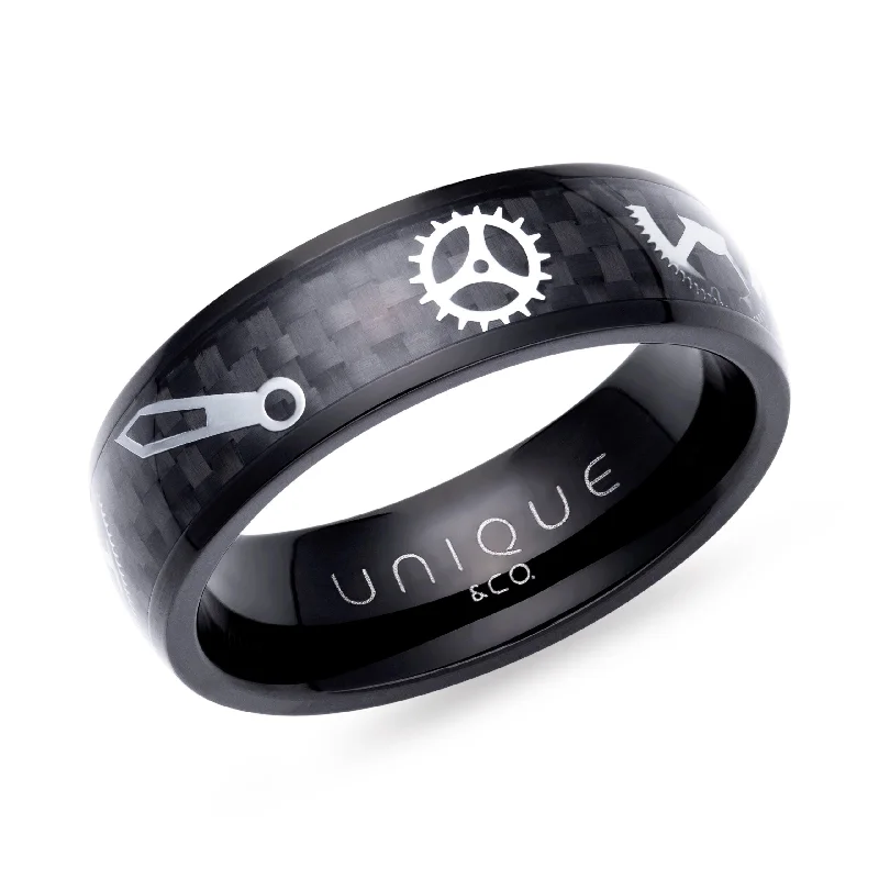 Vivid druzy rings-Unique & Co Steel Black IP And Black Carbon Fibre Ring