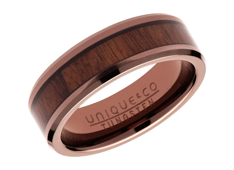 Smooth gem rings-Unique & Co 7mm Tungsten Carbide Ring with Wood and Brown IP Plating