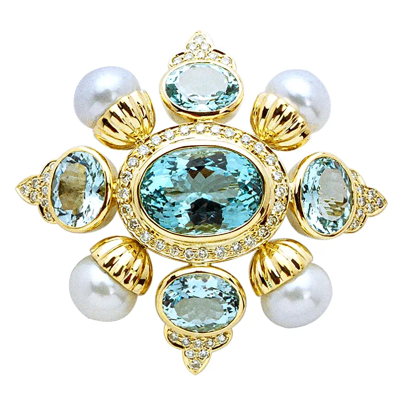 Fox motif brooch-Brooch- Aquamarine, Pearl And Diamond