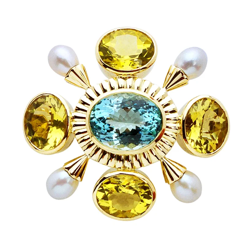 Glossy pearl brooch-Brooch- Aquamarine, Pearl And Lemon Quartz