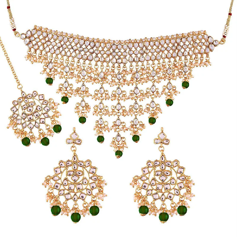 Retro deco necklaces-Etnico 18K Gold Plated Traditional Kundan & Pearl Studded Choker Necklace Jewellery Set with Earrings & Maang Tikka For Women (K7064G)