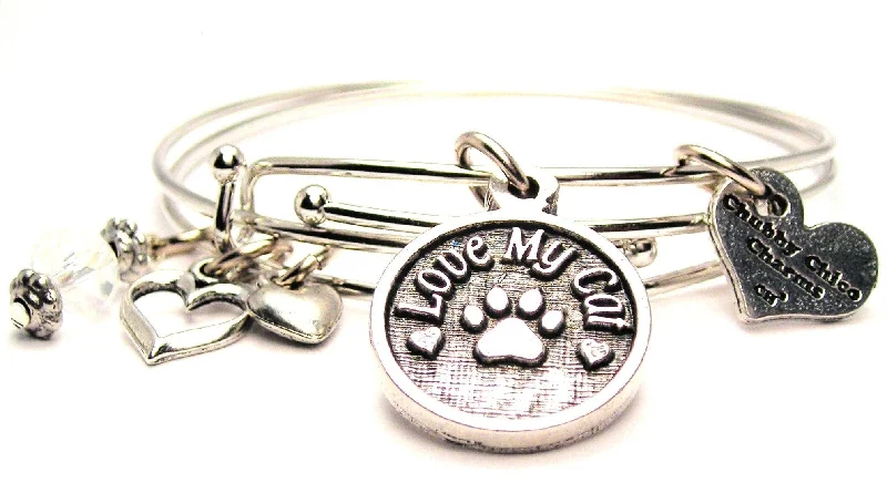 Etched design bangles-Love My Cat Circle Expandable Bangle Bracelet Set