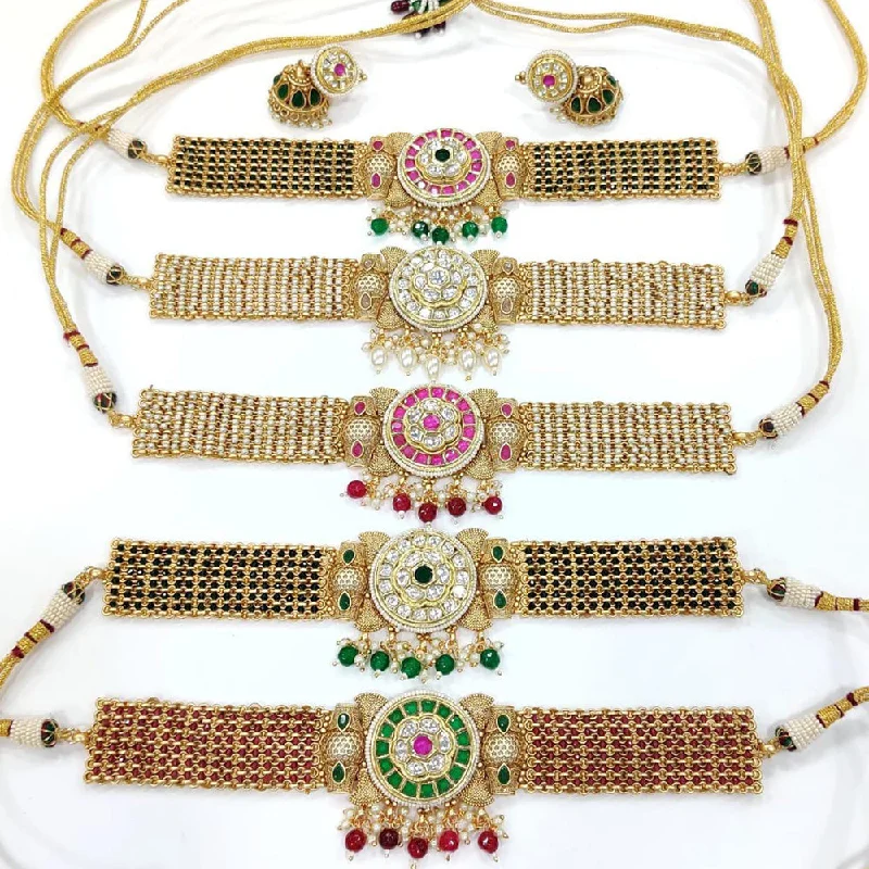 Mesh choker necklaces-Manisha Jewellery Gold Plated Kundan Stone  & Beads Necklace Set