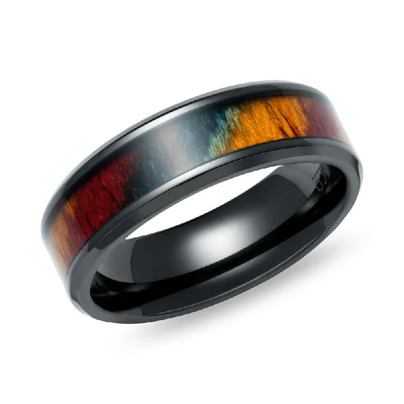 Light filigree rings-Unique & Co Multicoloured Wood Inlay Black Zirconium Ring