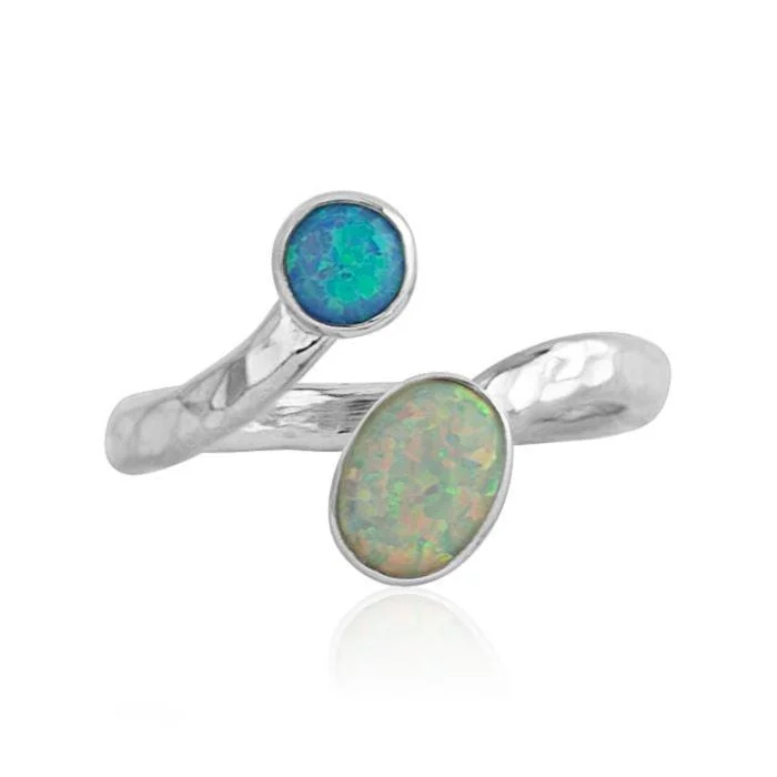 Elastic gem rings-Lavan White and Blue Opal Ring - Adjustable