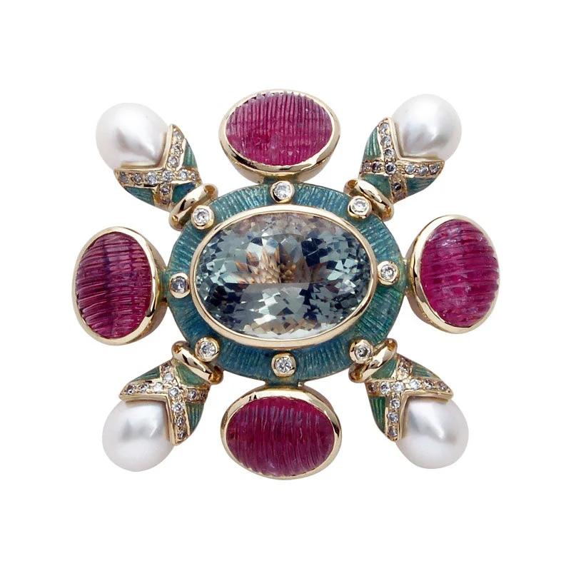 Victorian style brooch-Brooch-Green Quartz, Rubellite, Pearl and Diamond (Enamel)