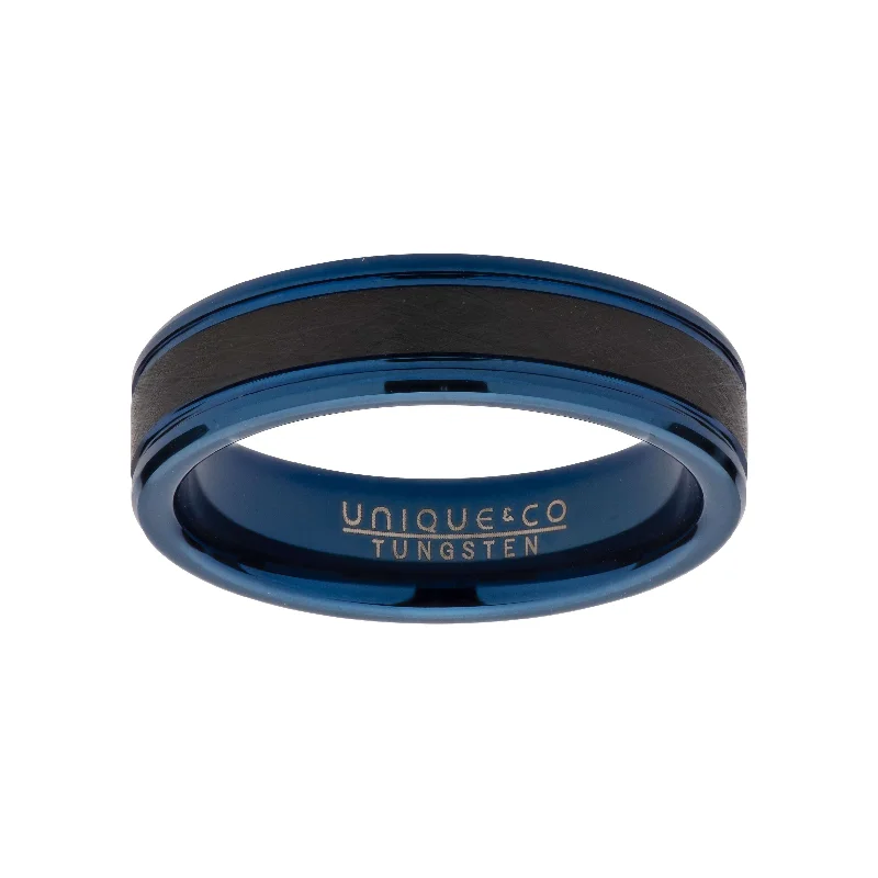 Fox design rings-Unique & Co 6mm Tungsten Carbide Ring with Black and Blue IP