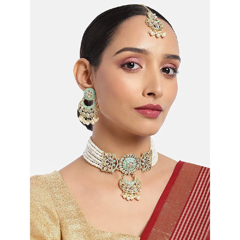 Cedar wood necklaces-Etnico 18K Gold Plated Traditional Kundan Studded Pearl Choker Necklace Jewellery Set For Women (ML291Min)