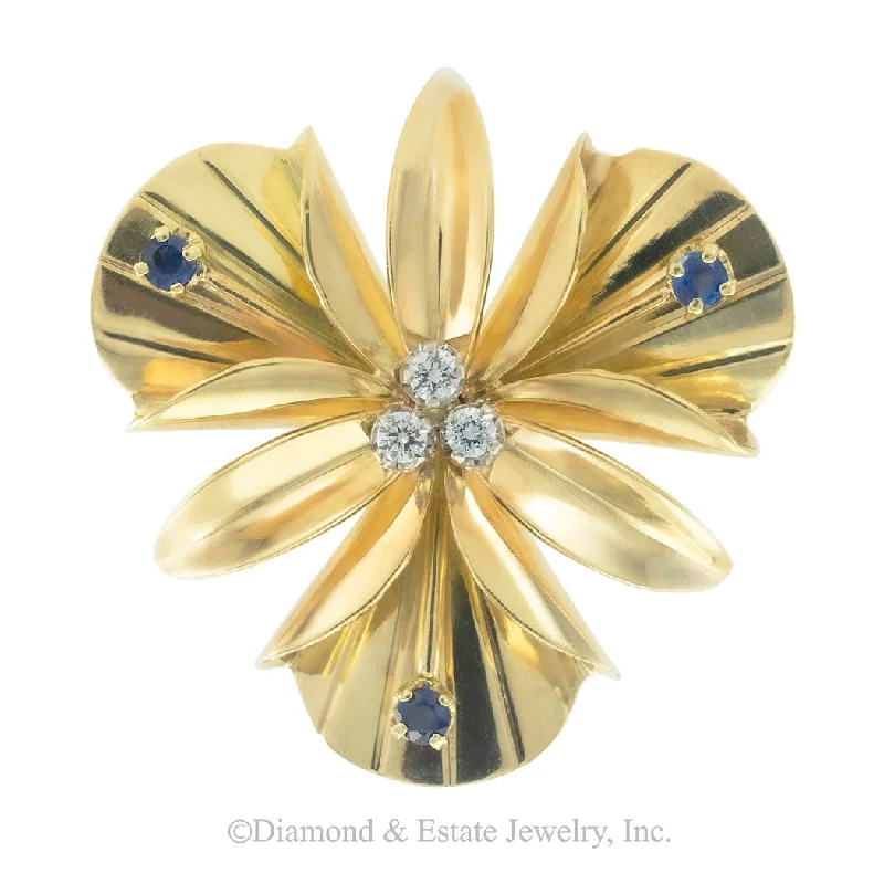 Full moon brooch-Tiffany & Co Diamond Sapphire Yellow Gold Orchid Brooch