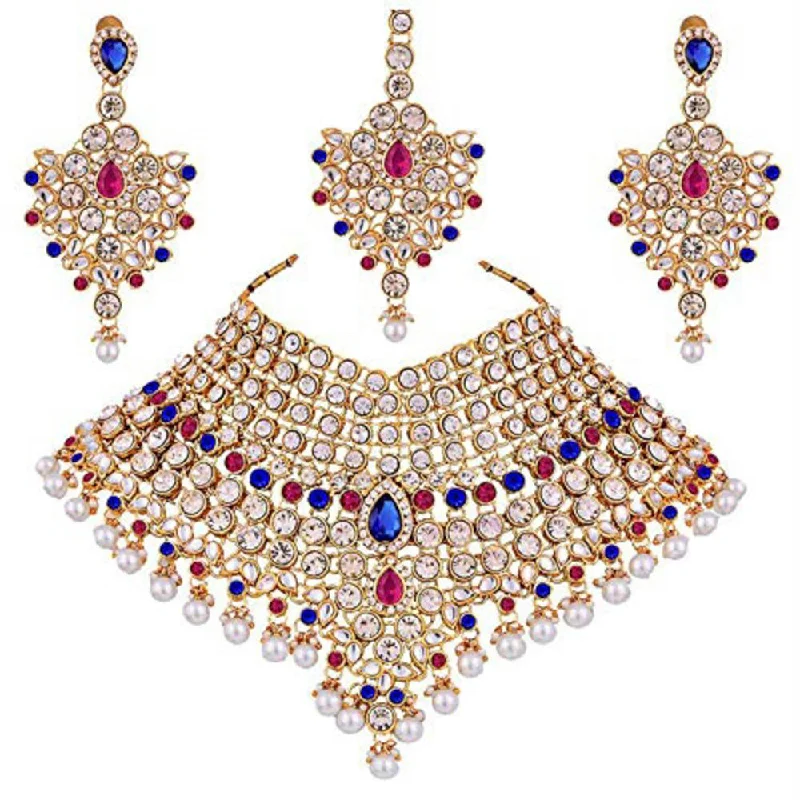 Glossy pearl necklaces-Etnico Traditional Gold Plated Kundan Bridal Dulhan Jewellery Set for Women (IJ021QBL)