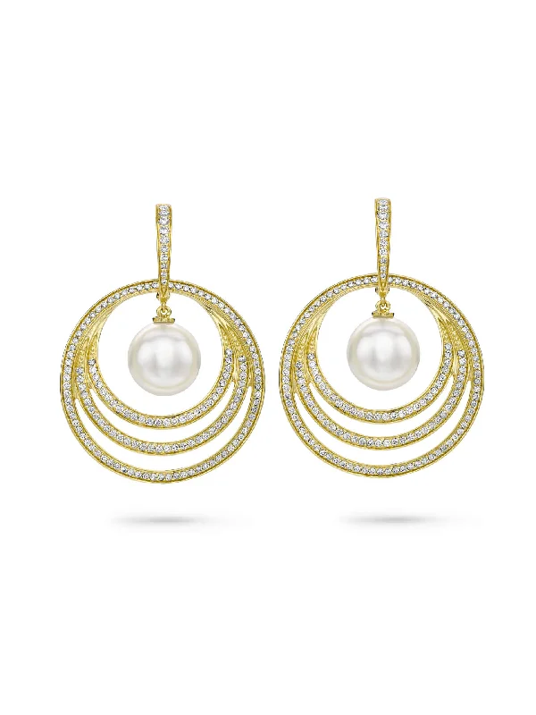 Layered tier earrings-Roulette Diamond Pearl Yellow Gold Drop Earrings