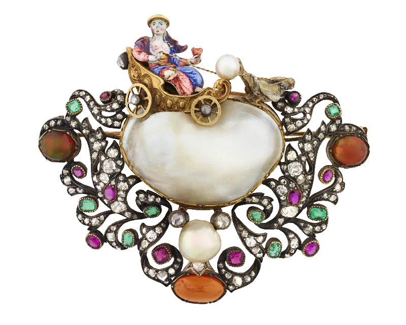 Mixed metal brooch-Renaissance Revival Pearl and Enamel Brooch