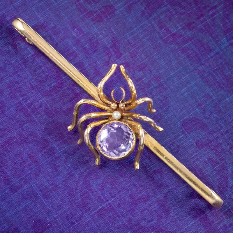 Glittering crystal brooch-Antique Victorian Amethyst Spider Bar Brooch 9ct Gold Circa 1900