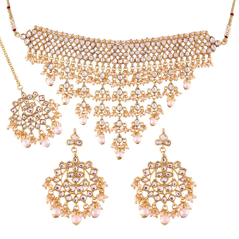 Ruby stone necklaces-Etnico 18K Gold Plated Traditional Kundan & Pearl Studded Choker Necklace Jewellery Set with Earrings & Maang Tikka For Women (K7064W)