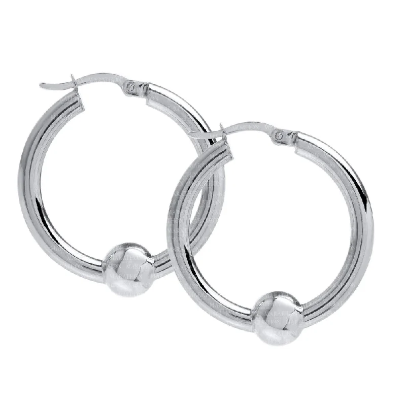 Surf design earrings-Sterling Silver Single Bead Hoop Earrings