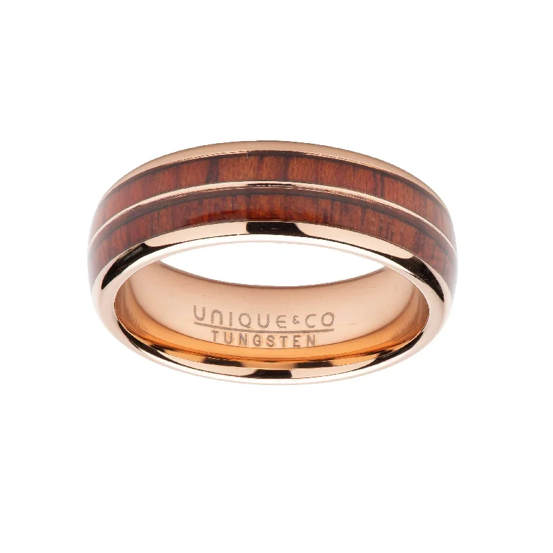 Stretch open rings-Unique & Co 7mm Wood Inlay with Rose IP Band Ring