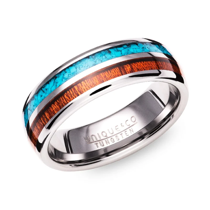 Flat band rings-Unique & Co Tungsten Carbide Ring with Wood/Turquoise Inlay