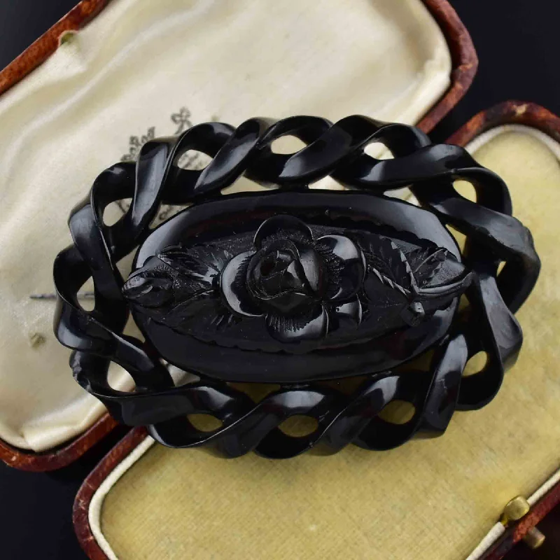 Moonstone brooch-Large Victorian Carved Whitby Jet Rose Mourning Brooch