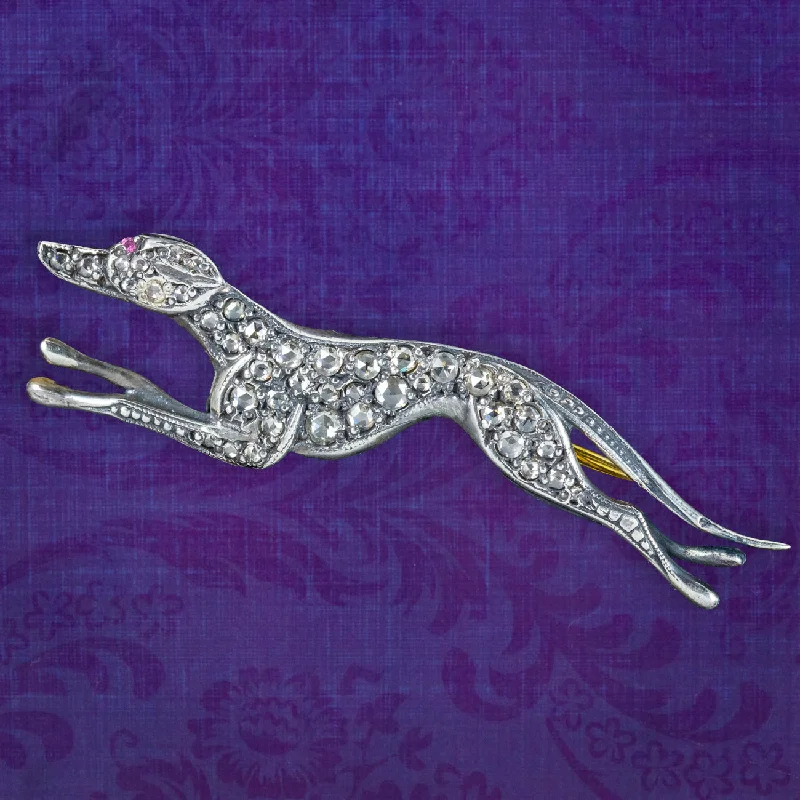 Glossy pearl brooch-Edwardian Style Rose Cut Diamond Greyhound Brooch Silver Gold Gilt