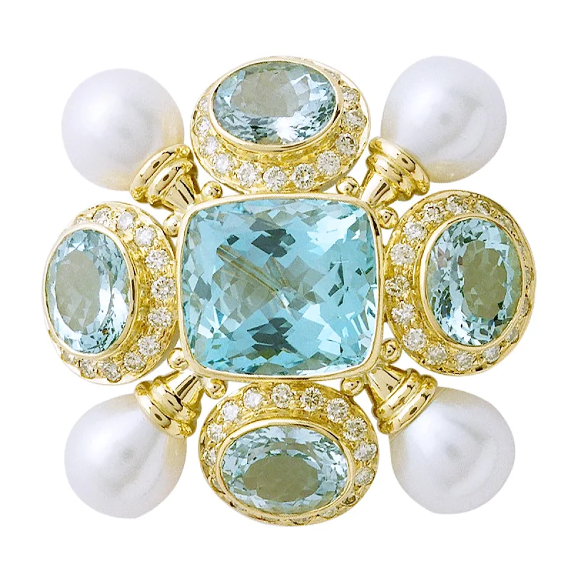 Open frame brooch-Brooch- Aquamarine, Pearl And Diamond