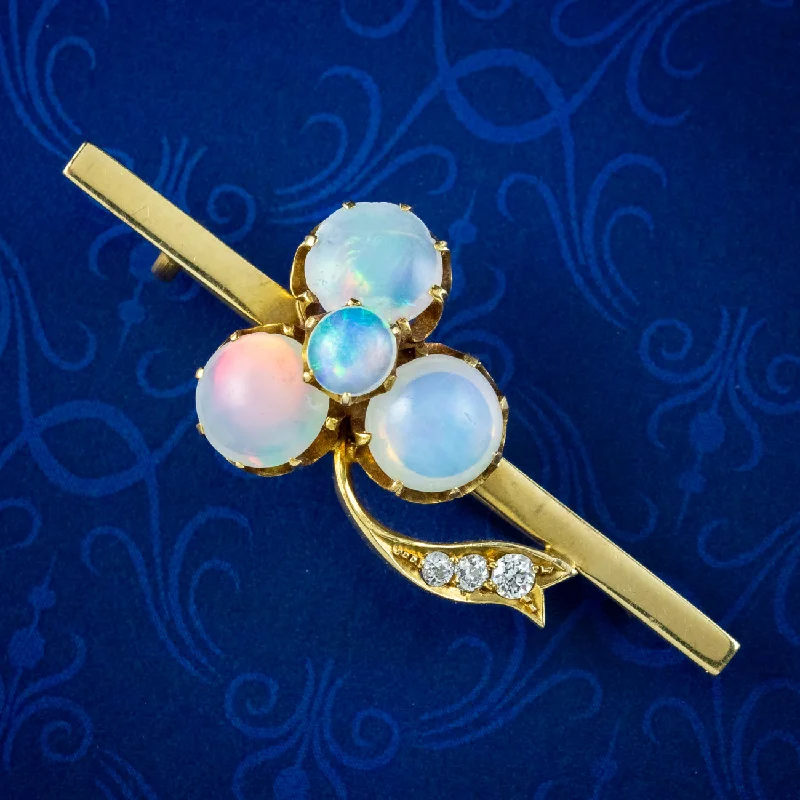 Beaded gem brooch-Antique Victorian Opal Diamond Shamrock Bar Brooch 18ct Gold