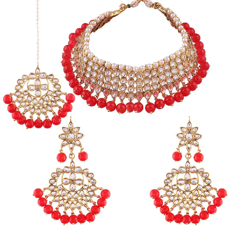 Retro charm necklaces-Etnico 18K Gold Plated Traditional Handcrafted Kundan & Pearl Studded Choker Necklace Jewellery Set with Earrings & Maang Tikka (K7075R)