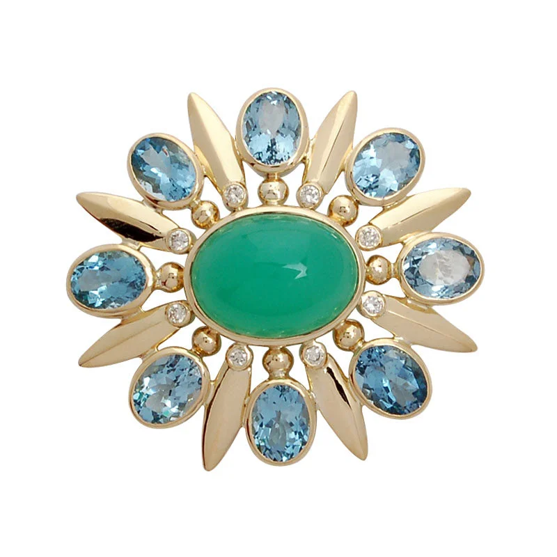 Ripple style brooch-Brooch- Aquamarine, Chrysoprase And Diamond