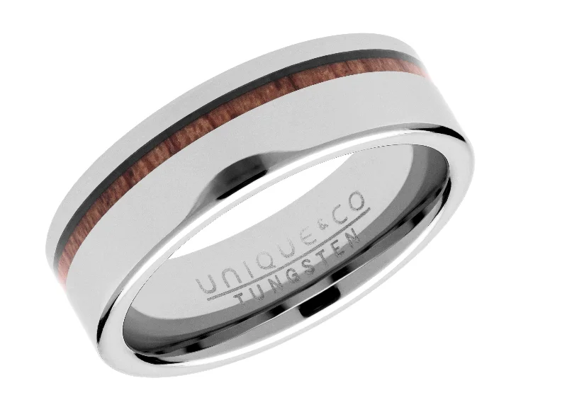 Sculpted cocktail rings-Unique & Co 7mm Tungsten Carbide Ring with Wood Inlay