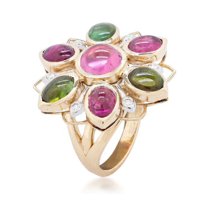 Dusk gothic rings-Red & Green Tourmaline Flower Cocktail Ring with Diamonds