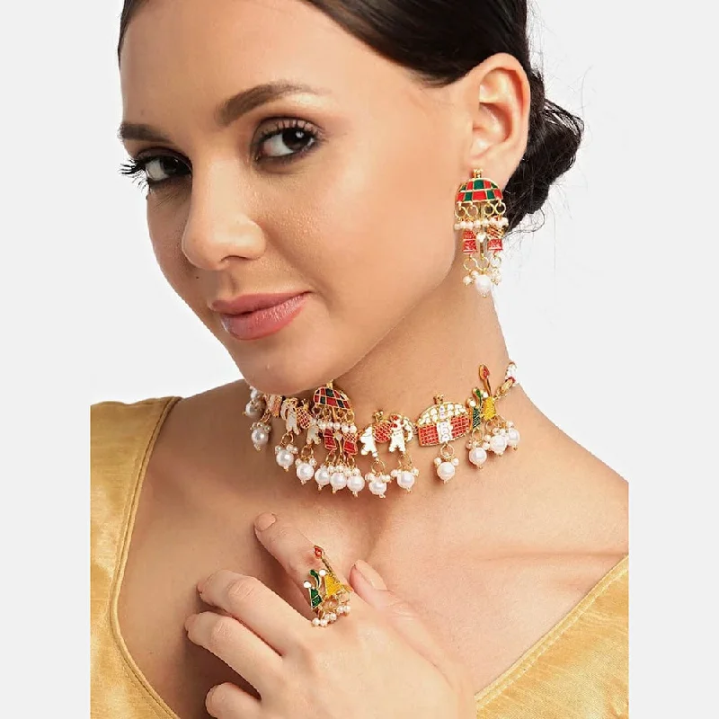 Tarnished silver necklaces-H K Fashion Gold Plated Meenakari Doli Barat Necklace Set