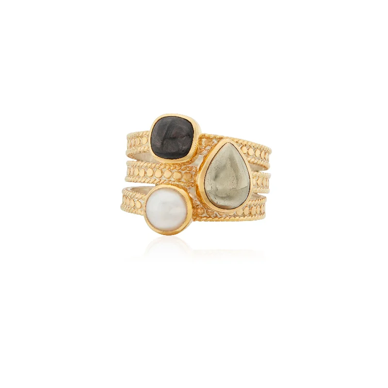 Rough texture rings-Anna Beck 18ct Gold Vermeil Hypersthene, Pyrite and Pearl Ring