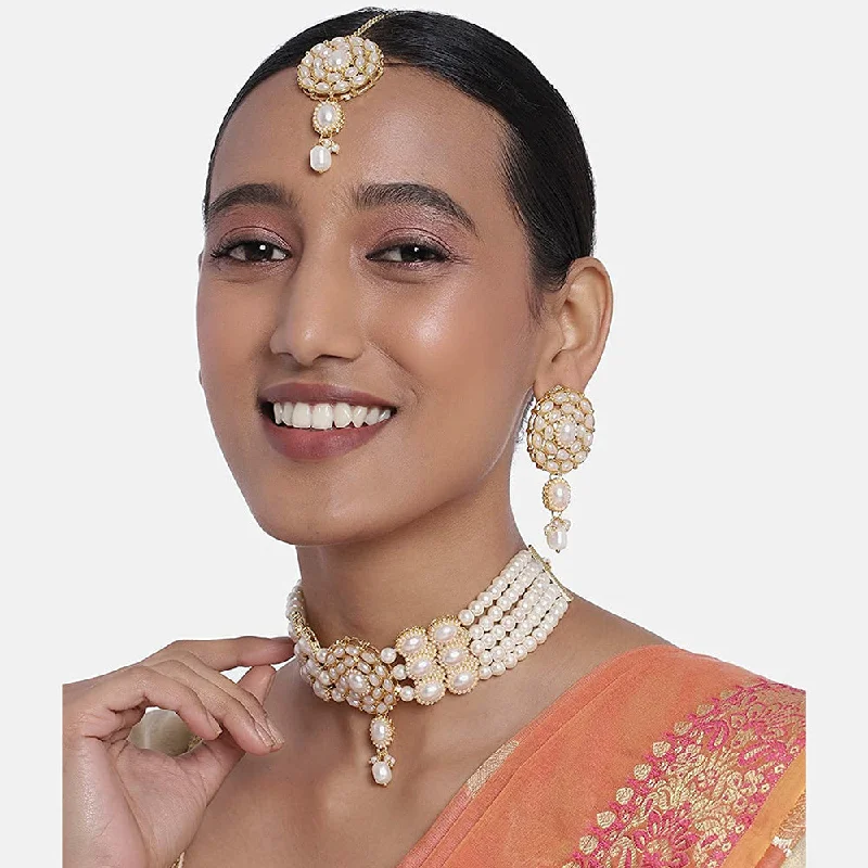 Stellar charm necklaces-Etnico 18k Gold Plated Traditional Pearl Choker Necklace Jewellery Set with Earrings & Maang Tikka Set for Women (ML280W)