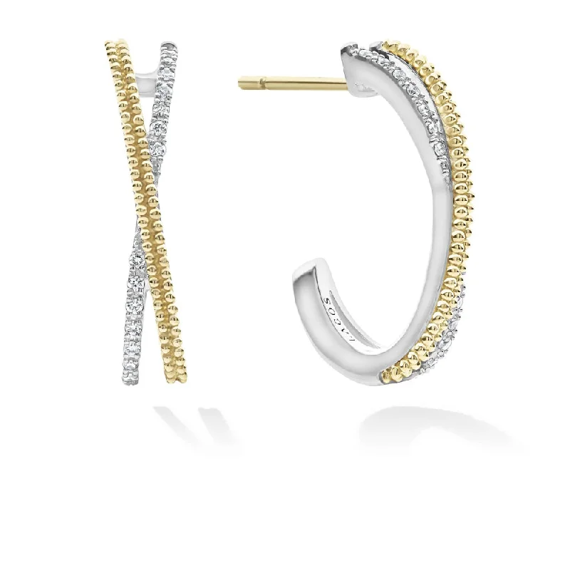 Curved art earrings-Lagos Caviar Lux Thin X Diamond Hoop Earrings