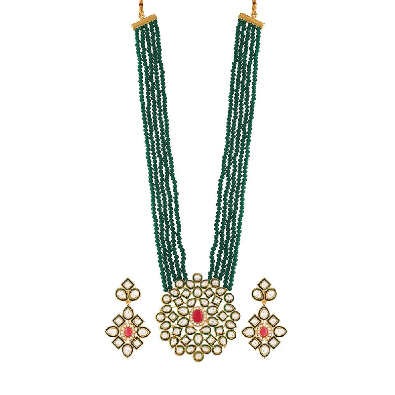 Curved pendant necklaces-Etnico 5 Layered Emerald Onyx Crystal Beads Alloy Necklace Jewellery Set Glided With Uncut Polki Kundan for Women & Girls (ML269G)(Green)