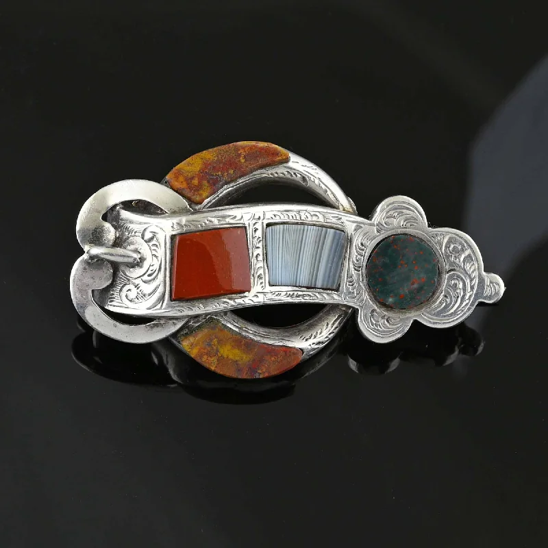 Thin frame brooch-Antique Scottish Agate Silver Buckle Crescent Moon Brooch