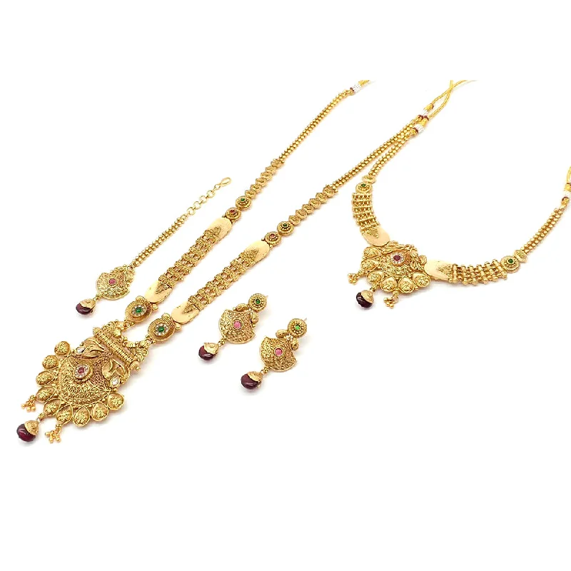 Floating gem necklaces-Rani Sati Jewels Gold Plated Pota Stone Double Necklace Set