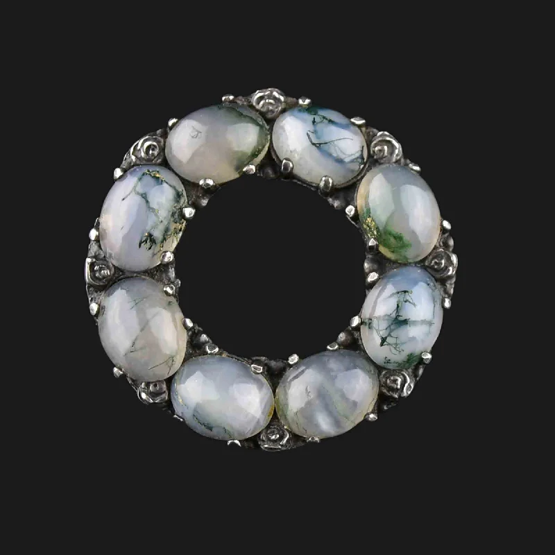 Small gem brooch-Vintage Arts and Crafts Silver Moss Agate Brooch