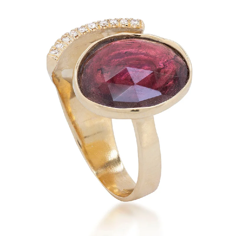 Mixed metal rings-Asymmetrical Rose Cut Tourmaline Ring With Diamonds Arch