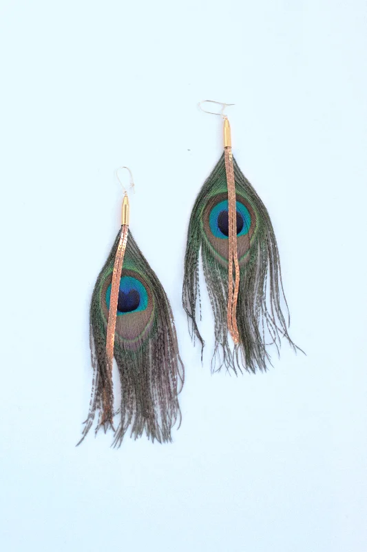 Fine threader earrings-Vintage Chain and Peacock Feather Earrings - Turquoise