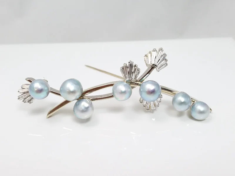 Astro motif brooch-Large Vintage 14k White Gold Natural Diamond Cultured Pearl Brooch