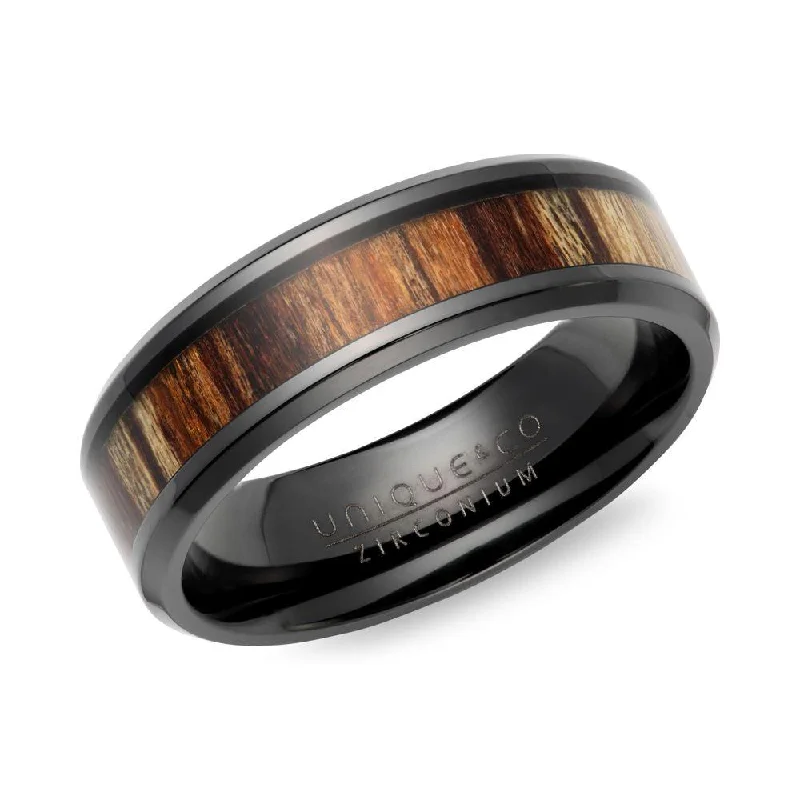 High gloss rings-Unique & Co Wood Inlay Black Zirconium Ring