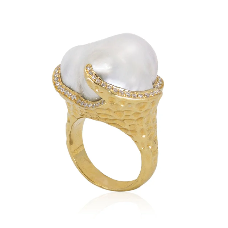 Clear quartz rings-Baroque South Sea Pearl Hammered Gold Ring with Diamonds