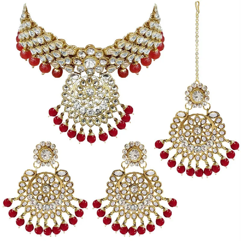 Tribal coin necklaces-Etnico Traditional Gold Plated Kundan Pearl Wedding Choker Necklace Set Earrings & Maang Tikka for Women (IJ331R)