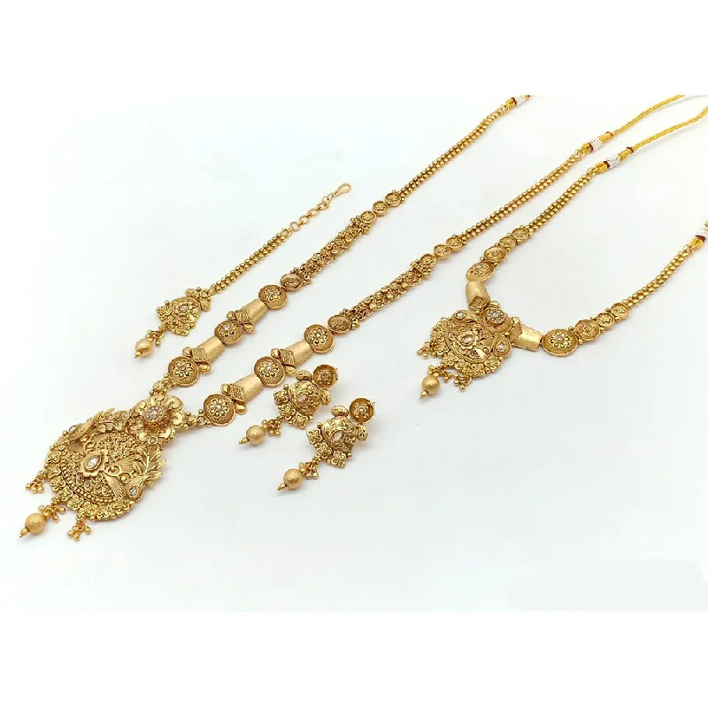 Neat-line necklaces-Rani Sati Jewels Gold Plated Pota Stone Double Necklace Set