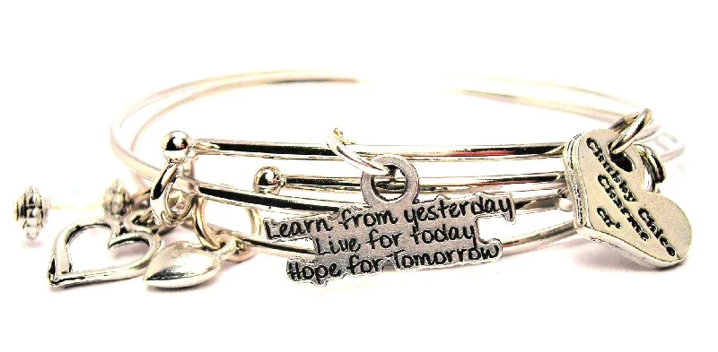 Worn charm bangles-Learn From Yesterday Live For Today Hope For Tomorrow Expandable Bangle Bracelet Set