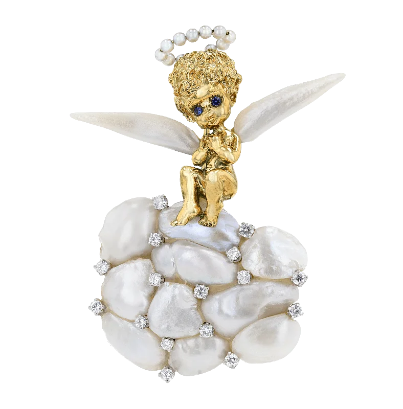 Vivid druzy brooch-Ruser Baroque Pearl and Diamond Angel Brooch