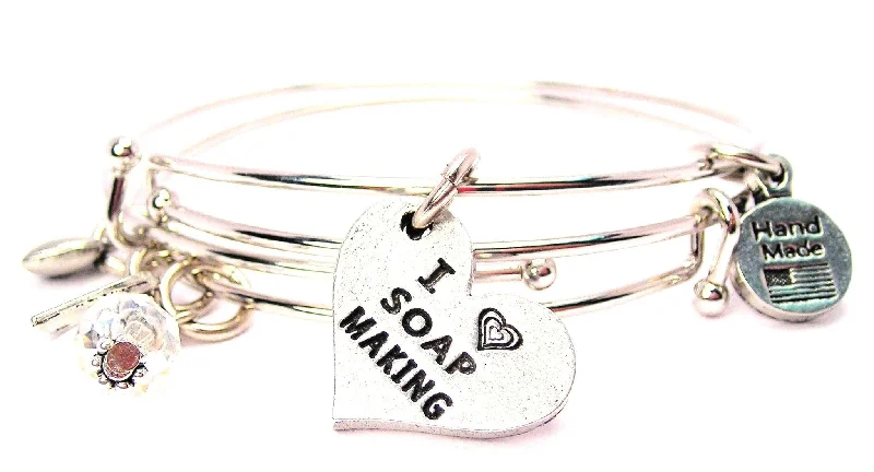 Slanted design bangles-I Love Soap Making Heart Expandable Bangle Bracelet Set